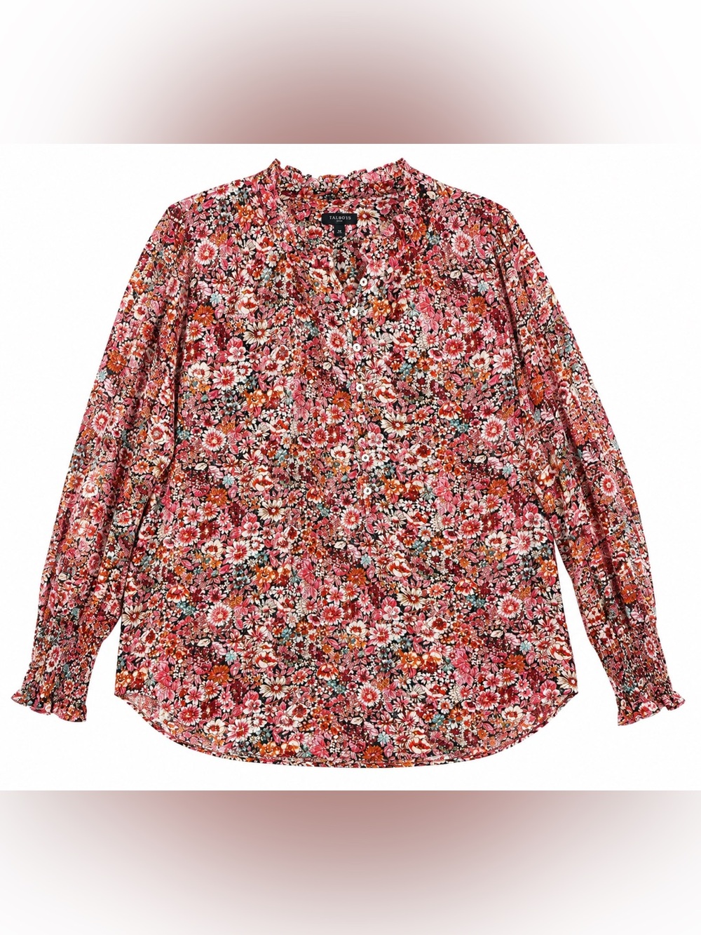 Talbots Plus 1X Floral Metallic Shimmer Cotton Blouse Boho Long Sleeve